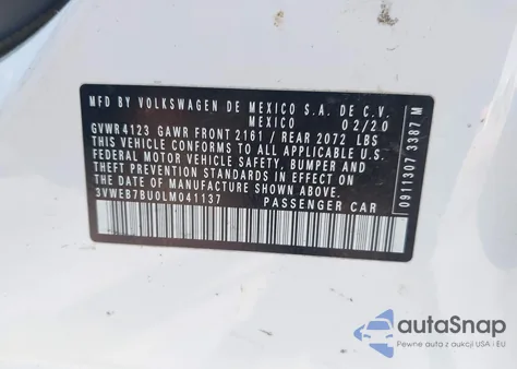 2020 Volkswagen Jetta 1.4T Sel z USA, uszkodzony, nr VIN 3VWEB7BU0LM041137